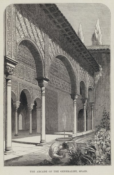 De Arcade van de Generalife, Spanje (gravure) door English School