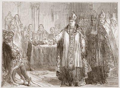 De Aartsbisschoppen van York en Canterbury voor het Parlement in Westminster Abbey, illustratie uit De Geschiedenis van het Protestantisme door James Aitken Wylie, 1878 door English School