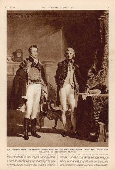Het leger en de marine: Een interview tussen Arthur Wellesley, hertog van Wellington en Lord Horatio Nelson, uit The London Illustrated News door English School