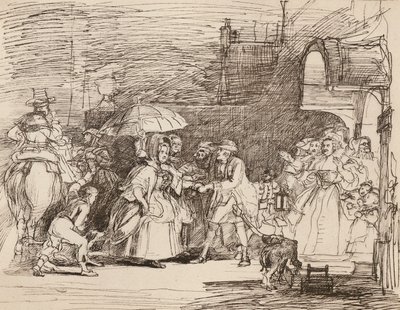 De Aankomst van de Rijke Verwant, naar Wilkie, uit een Pen en Inkt Tekening door English School