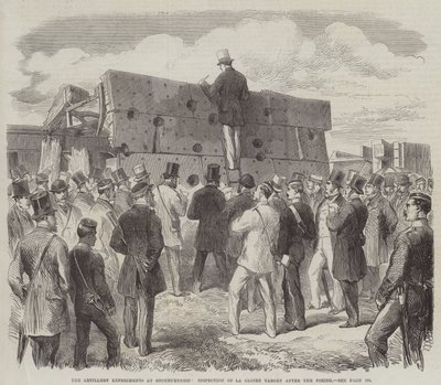 De artillerie-experimenten in Shoeburyness, inspectie van het La Gloire-doelwit na het vuren (gravure) door English School