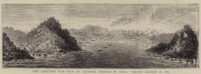De Ashantee Oorlog, Uitzicht op Aquidah, beschoten door HMS "Druid", 28 augustus 1873 (gravure) door English School