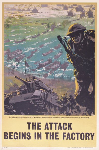 De Aanval Begint in de Fabriek, Tweede Wereldoorlog poster, 1943 door English School