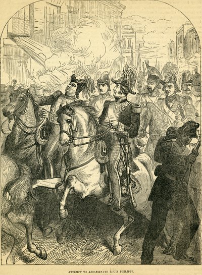 De poging om koning Louis Philippe van Frankrijk te vermoorden, illustratie uit Cassells Geïllustreerde Geschiedenis van Engeland, 1857-1858 door English School