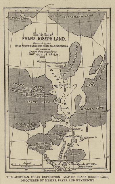 De Oostenrijkse poolexpeditie, kaart van Franz Joseph Land, ontdekt door Messers Payer en Weyprecht (gravure) door English School