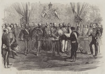 De Prijsuitreiking op de Internationale Tentoonstelling, Graaf Granville, Voorzitter van de Koninklijke Commissie, leest het Adres door English School