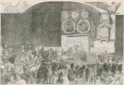 Het bal costumé bij de Franse ambassade, Albert Gate House - Aankomst van Hare Majesteit door English School