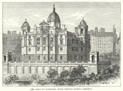 De Bank van Schotland, vanaf Princes Street Gardens (gravure) door English School