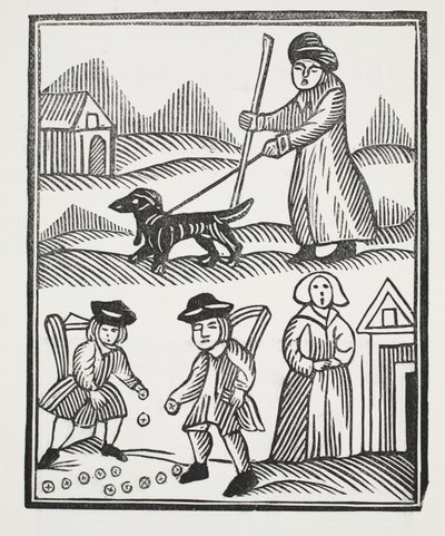 De bedelaar die met zijn hond reist, brengt veel rijkdom mee naar huis om te overleven, waarmee hij de ridder overtreft en zijn kind trouwt tot haar vreugde, illustratie uit Chap-books van de achttiende eeuw door John Ashton, uitgegeven 1882 door English School