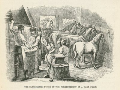 De smederij van de smid aan het begin van een strenge vorst (gravure) door English School