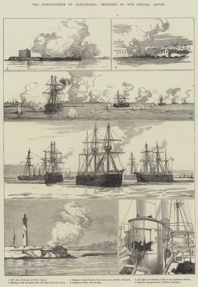 Het Bombardement van Alexandrië (gravure) door English School