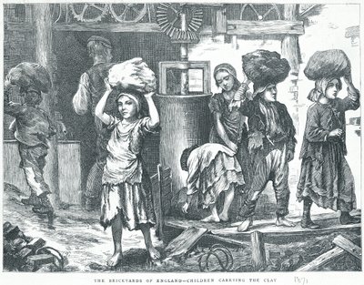 De steenbakkerijen van Engeland, kinderen dragen de klei, 1871 door English School