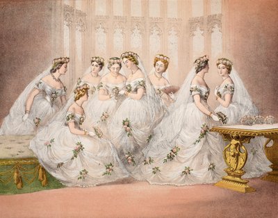 De bruidsmeisjes, 10 maart 1863, uit A Memorial of the Marriage of Edward VII and Alexandra of Denmark, pub. 1864 door English School