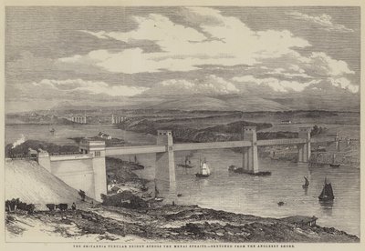De Britannia Tubular Bridge over de Menai Straits door English School