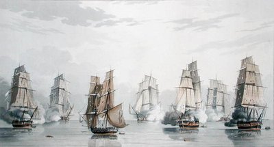 Het Britse eskader onder bevel van kapitein Charles Marsh Schomberg en het Franse eskader onder bevel van commodore Roquebert, windstil kort na het begin van de actie bij Madagaskar, 20 mei 1811 door English School