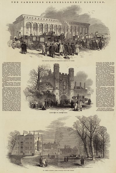 De Verkiezing van de Kanselier van Cambridge (gravure) door English School