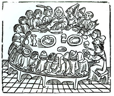 De Canterbury Pelgrims aan een gezamenlijke maaltijd, illustratie uit Geoffrey Chaucer