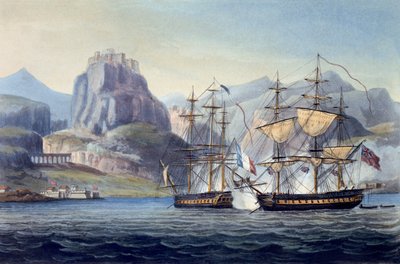 De Verovering van de Var door HMS Belle Poule bij Corfu, 1809, uit The Naval Chronology of Great Britain, door J. Ralfe door English School