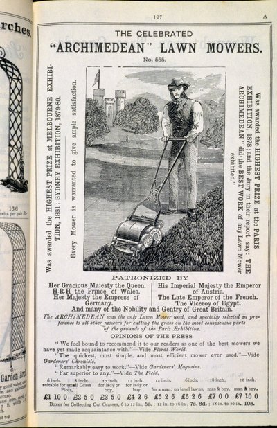 De beroemde Archimedische grasmaaiers, uit de Nieuwe Geïllustreerde Catalogus van Tuingereedschap, Tuinmeubilair en Benodigdheden, gepubliceerd door Wrinch & Sons, 1893 door English School