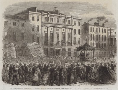 De inhuldiging van Sir John Arnott in Cork na de voltooiing van zijn driejarige burgemeesterschap, de processie passeert de commerciële gebouwen (gravure) door English School