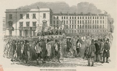 De Chartist bijeenkomst op Kennington Common in 1848, deel van de Processie - geschetst bij Blackfriars Bridge door English School