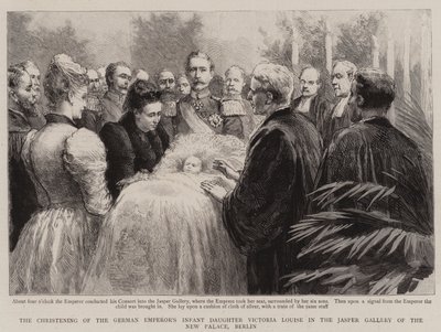 De doop van de Duitse keizerlijke dochter Victoria Louise in de Jaspisgalerij van het Nieuwe Paleis, Berlijn (gravure) door English School
