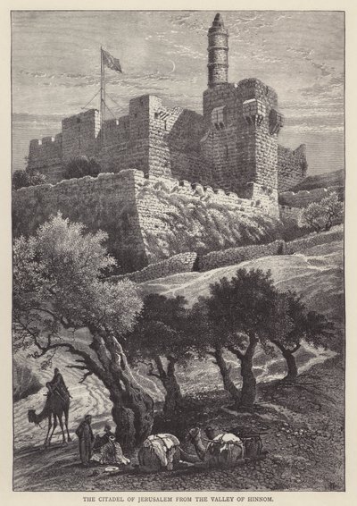 De Citadel van Jeruzalem vanuit de Vallei van Hinnom (gravure) door English School