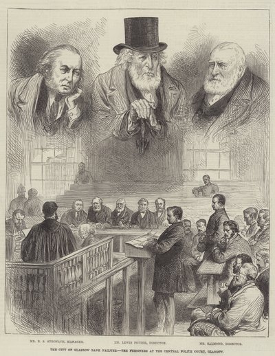 Het faillissement van de City of Glasgow Bank, de gevangenen in het centrale politiebureau van Glasgow (gravure) door English School
