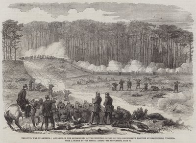 De burgeroorlog in Amerika, de opmars van de schermutselingen van de Bucktail Rifles naar de Zuidelijke positie bij Drainsville, Virginia (gravure) door English School