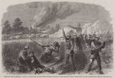 De Burgeroorlog in Amerika, Gevecht bij Hainsville, aan de Boven-Potomac, Vooruitgang van de Wisconsin Mannen (Federalisten) op de Secessionistische Positie door English School