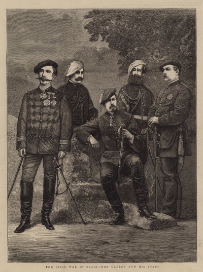 De burgeroorlog in Spanje, Don Carlos en zijn staf (gravure) door English School