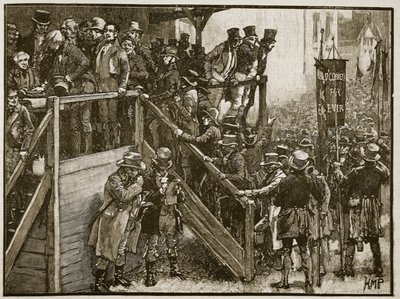 De Clare-wedstrijd: Vader Murphy leidt zijn pachters naar de stembus, illustratie uit Cassells Geïllustreerde Geschiedenis van Engeland door English School
