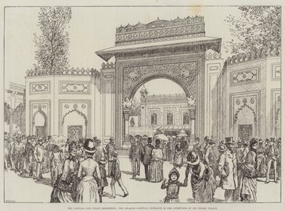 De Koloniale en Indiase Tentoonstelling, de Gwalior-poort, ingang naar de binnenplaats van het Indiase paleis (gravure) door English School