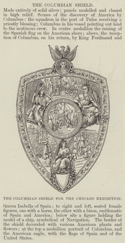 Het Colombiaanse schild voor de tentoonstelling in Chicago (gravure) door English School