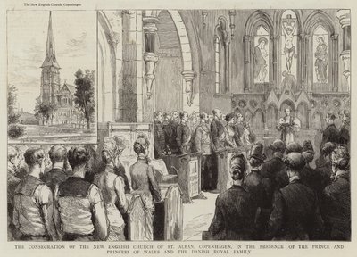De inwijding van de nieuwe Engelse kerk van St Alban, Kopenhagen, in aanwezigheid van de prins en prinses van Wales en de Deense koninklijke familie (gravure) door English School