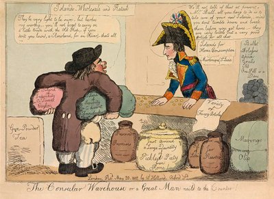 Het Consulaire Magazijn of een Groot Man aan de Balie genageld, pub. 1802 handgekleurde gravure door English School