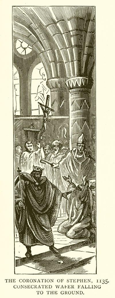 De kroning van Stephen, 1135. Geconsacreerde hostie valt op de grond door English School