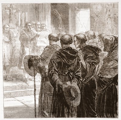 De raadsleden ontbinden de Augustijner orde van monniken in Zürich, 1524, illustratie uit De Geschiedenis van het Protestantisme door James Aitken Wylie, 1878 door English School