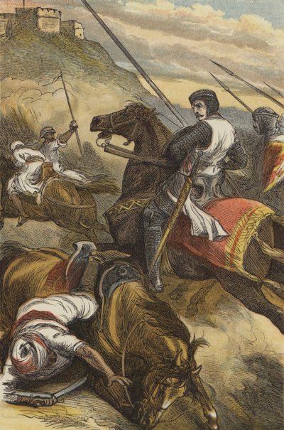 De graaf de Joinville stoot de Saracenen terug, bij Mansourah (gekleurde gravure) door English School