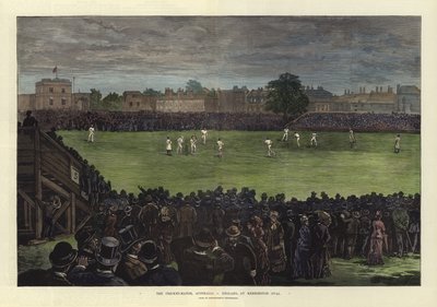 De cricketwedstrijd, Australië tegen Engeland, op Kennington Oval door English School