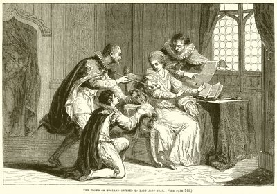De kroon van Engeland aangeboden aan Lady Jane Gray door English School