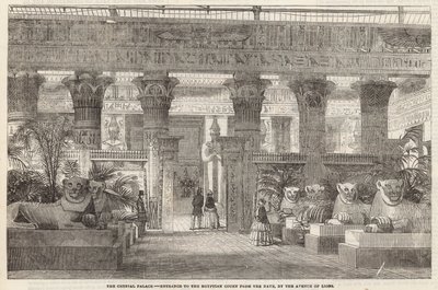 Het Crystal Palace: Ingang naar de Egyptische Hof vanuit het schip door de Avenue of Lions door English School