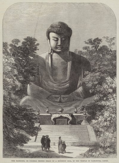 De Daiboodh, of kolossaal bronzen beeld van een boeddhistische idool, in de tempel van Kamakura, Japan (gravure) door English School