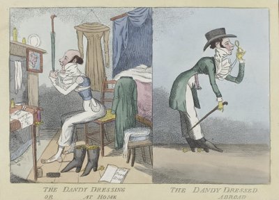 De Dandy Kleedt Zich of Thuis, De Dandy Gekleed in het Buitenland, uitgegeven c.1820 door English School