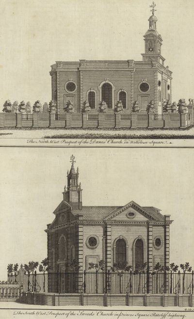 Deense kerk in Wellclose Square en Zweedse kerk in Princes Square, Ratcliff Highway, Londen door English School