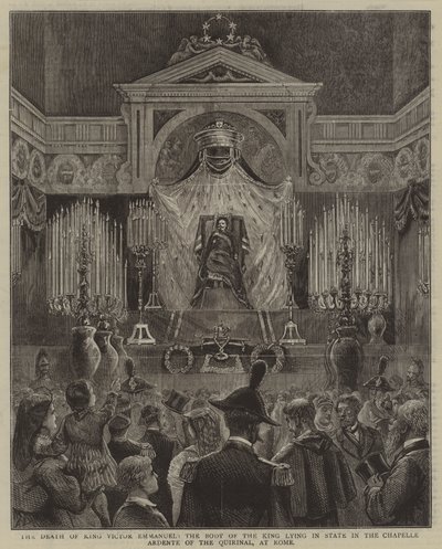 De dood van koning Victor Emmanuel, het lichaam van de koning ligt opgebaard in de Chapelle Ardente van het Quirinaal, in Rome door English School