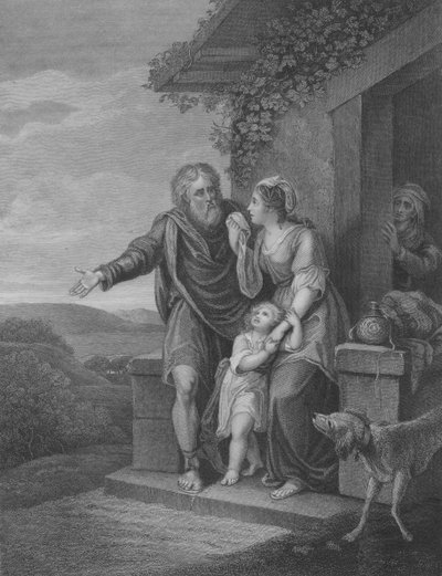 Het vertrek van Hagar, Genesis 21, Vers 9-15 (gravure) door English School