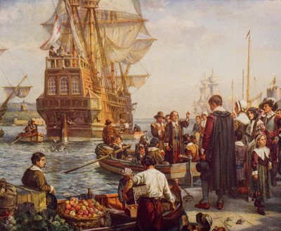 Het Vertrek van de Pelgrim Fathers in 1620, illustratie uit 