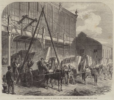De Dublin International Exhibition, levering van goederen bij de ingang van buitenlandse en schone kunsten (gravure) door English School