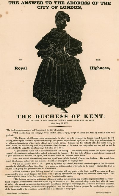 De Hertogin van Kent ter gelegenheid van de 18e verjaardag van prinses Victoria door English School